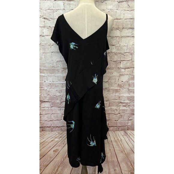 Diane Von Furstenberg Womens Black Silk Bird Print Asymmetric Ruffle Midi Dress - Picture 4 of 6